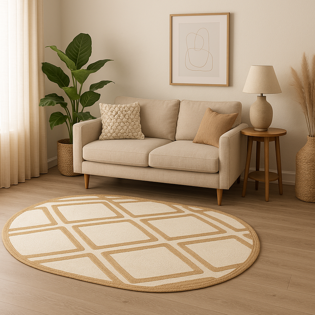 Beige sofa with decorative pillows in a living room setting with a round geometric rug.