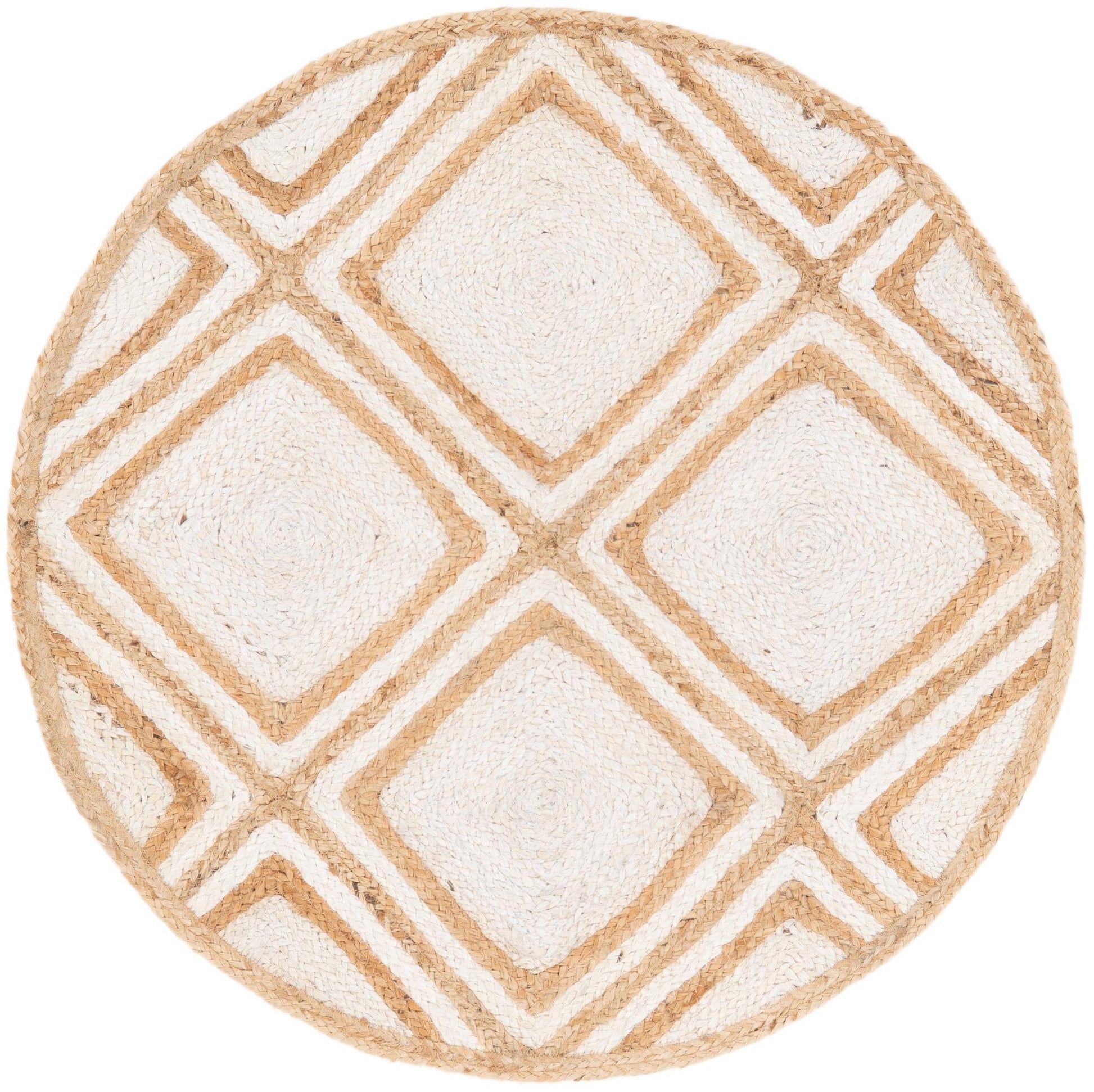Round beige and white geometric patterned rug on a white background