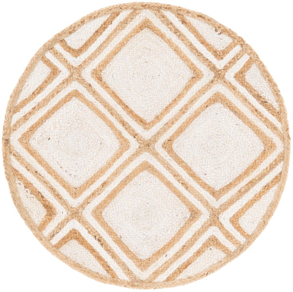 Round beige and white geometric patterned rug on a white background