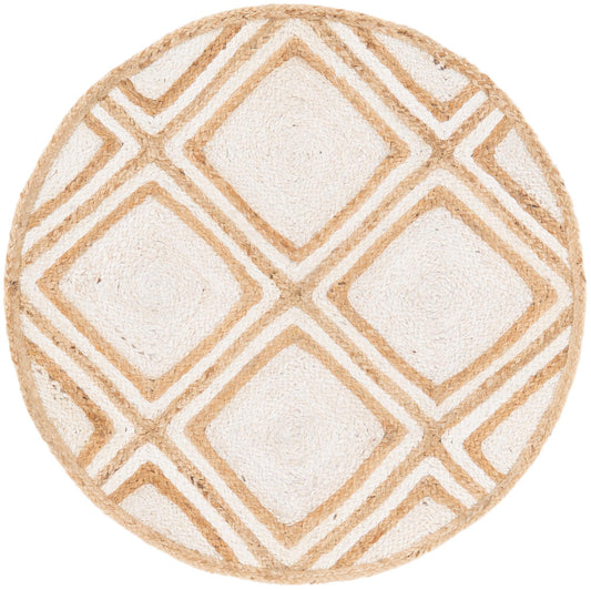 Round beige and white geometric patterned rug on a white background