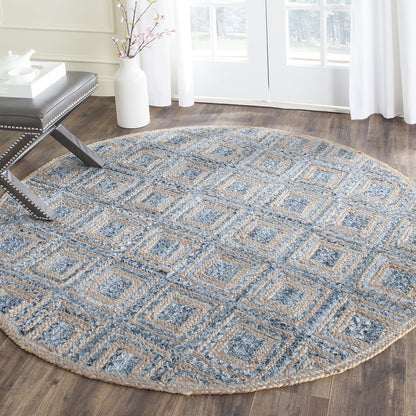 Round area rug with geometric pattern in blue and beige, made of braided natural fibers.