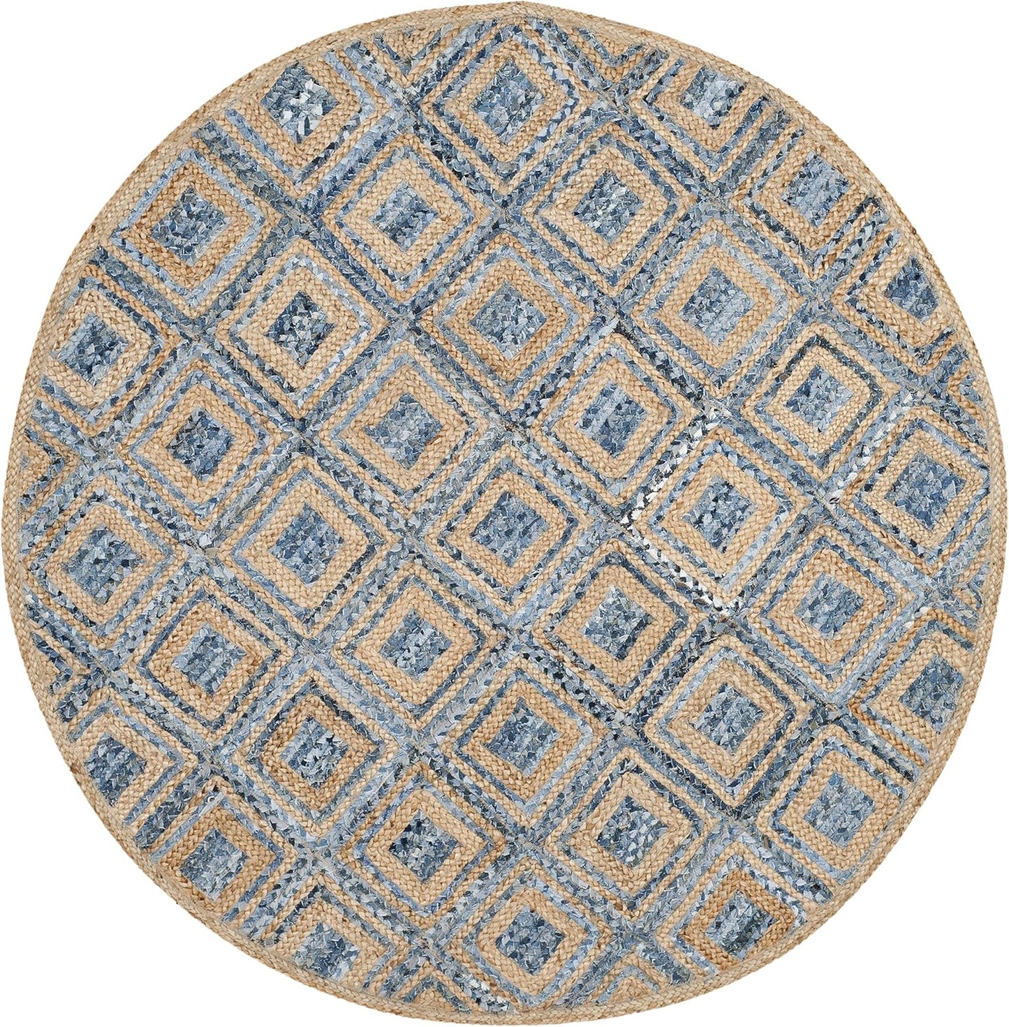 Round jute rug in blue and tan with geometric diamond pattern, perfect for stylish home decor.