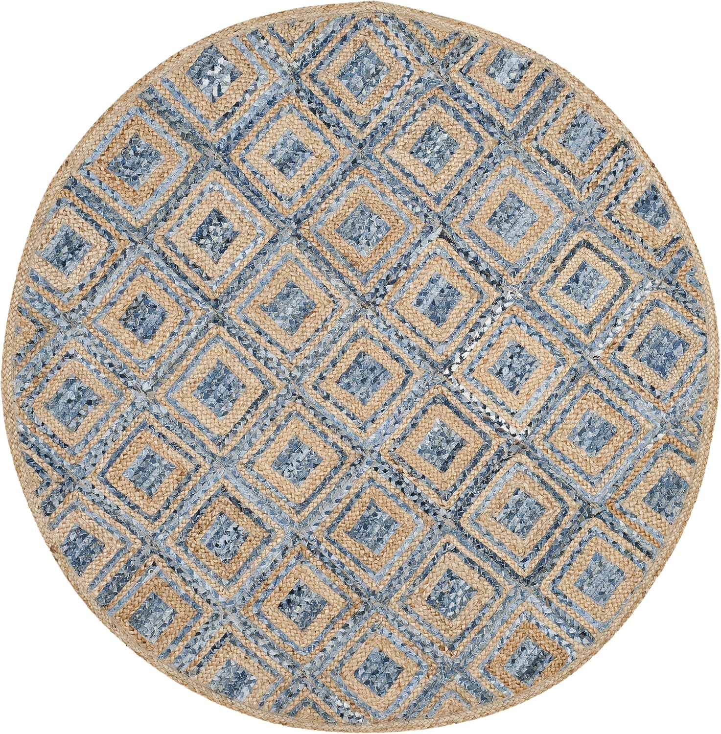 Round jute rug in blue and tan with geometric diamond pattern, perfect for stylish home decor.