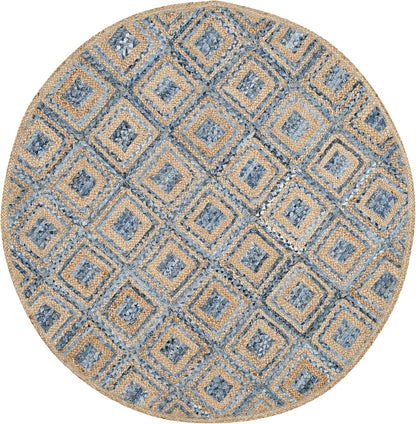 Round jute rug in blue and tan with geometric diamond pattern, perfect for stylish home decor.