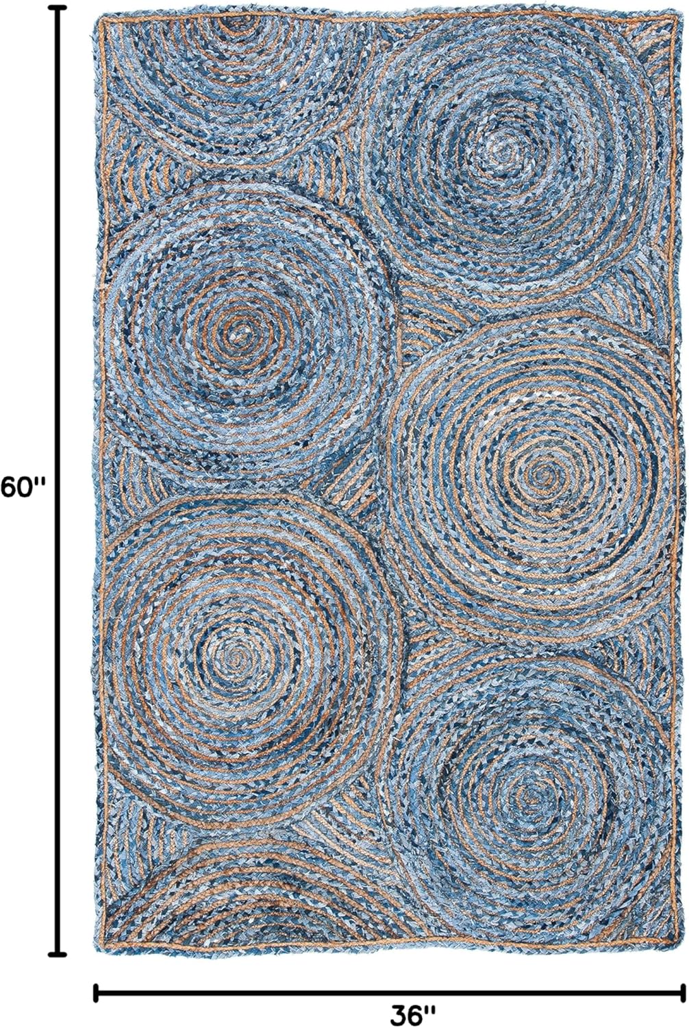 Natural Jute Area Rug with a textured circular design in blue and beige — perfect for adding warmth to any space.