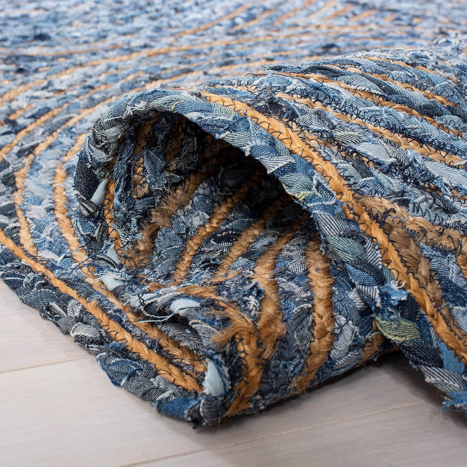 Natural Jute Area Rug with a textured weave in blue and tan — perfect for enhancing any living space or entryway.