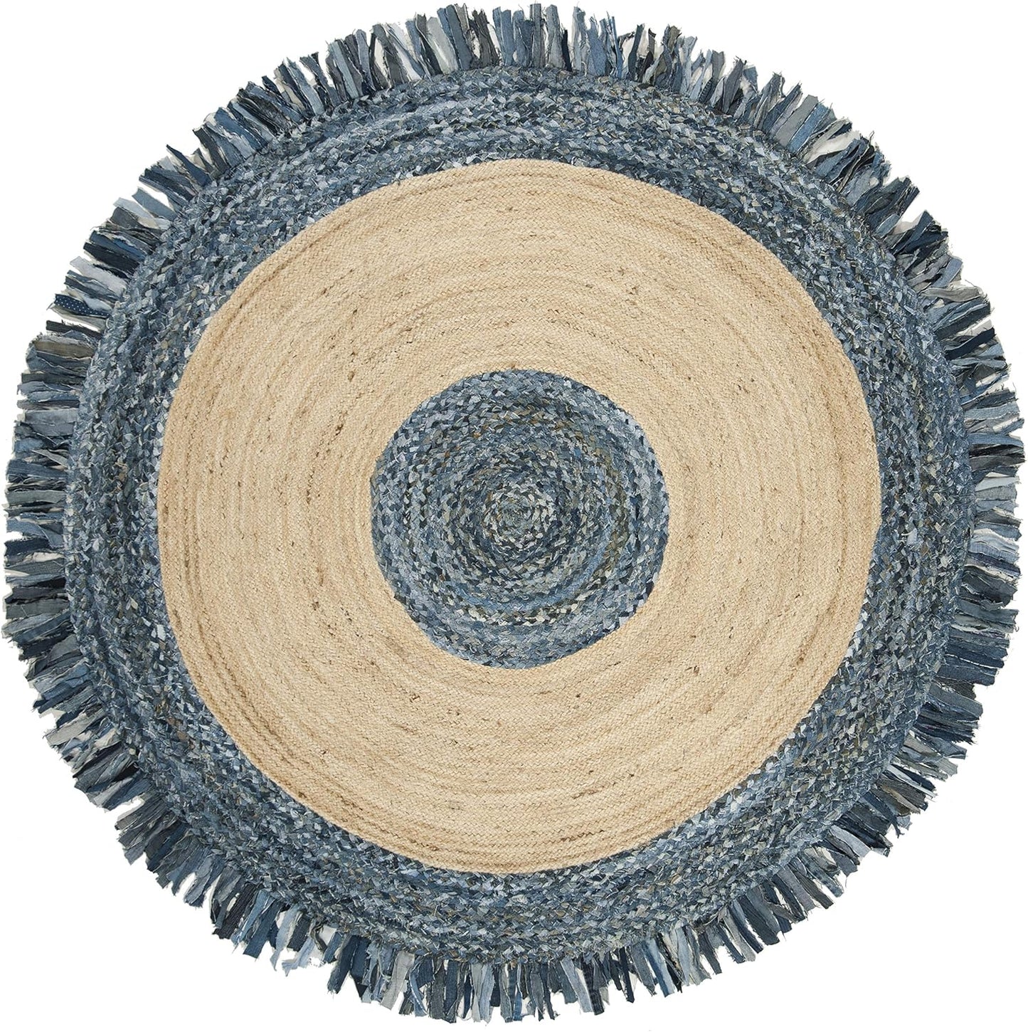 Natural Jute Area Rug with a textured blue and beige design — perfect for adding warmth to any living space.