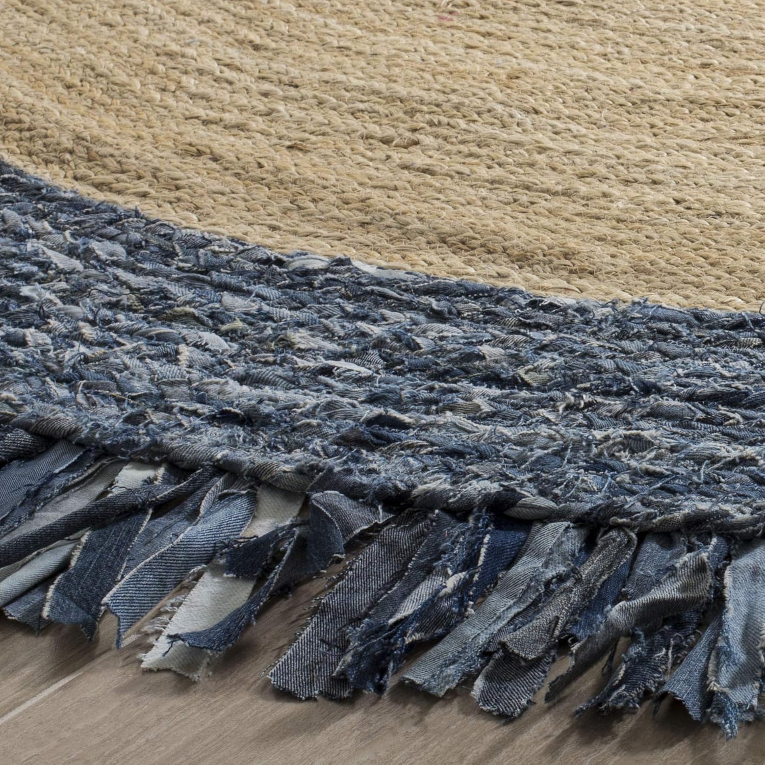 Natural Jute Area Rug with a textured blue denim fringe — a versatile floor carpet perfect for any room.