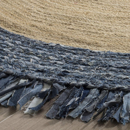 Natural Jute Area Rug with a textured blue denim fringe — a versatile floor carpet perfect for any room.