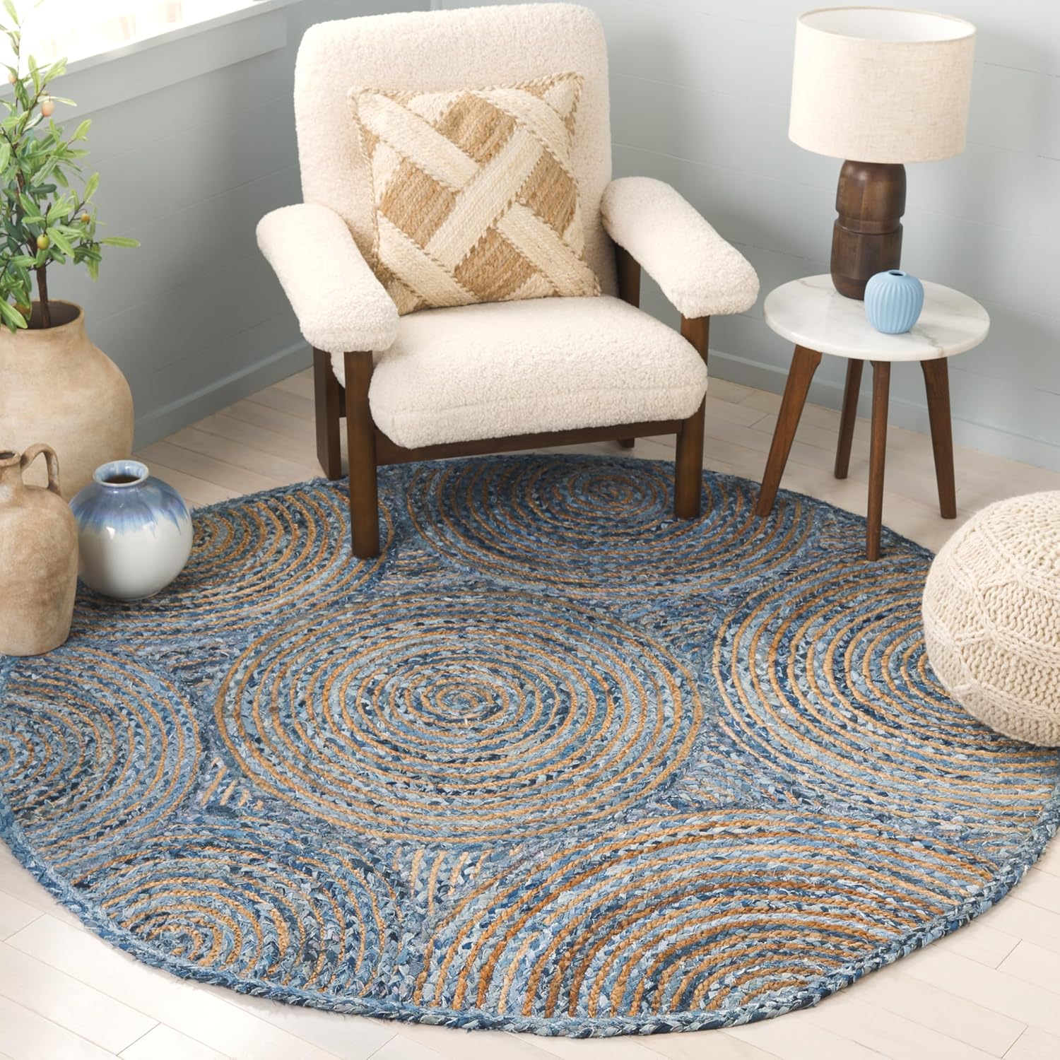 Natural Jute Area Rug featuring a spiral design in earthy tones — perfect for adding texture to any living space.