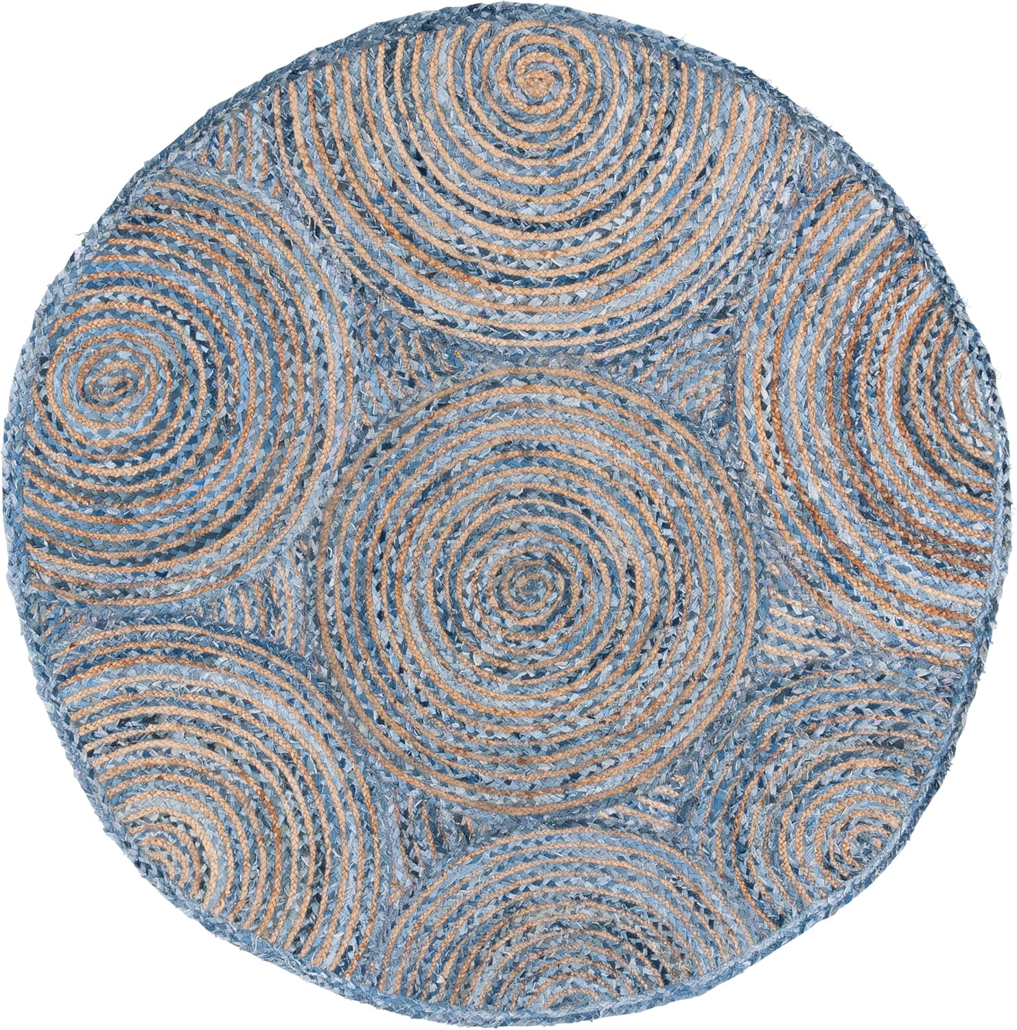 Natural Jute Area Rug in round shape with intricate spiral patterns — a textured floor carpet ideal for bohemian decor.