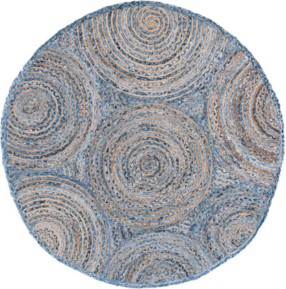 Natural Jute Area Rug in round shape with intricate spiral patterns — a textured floor carpet ideal for bohemian decor.