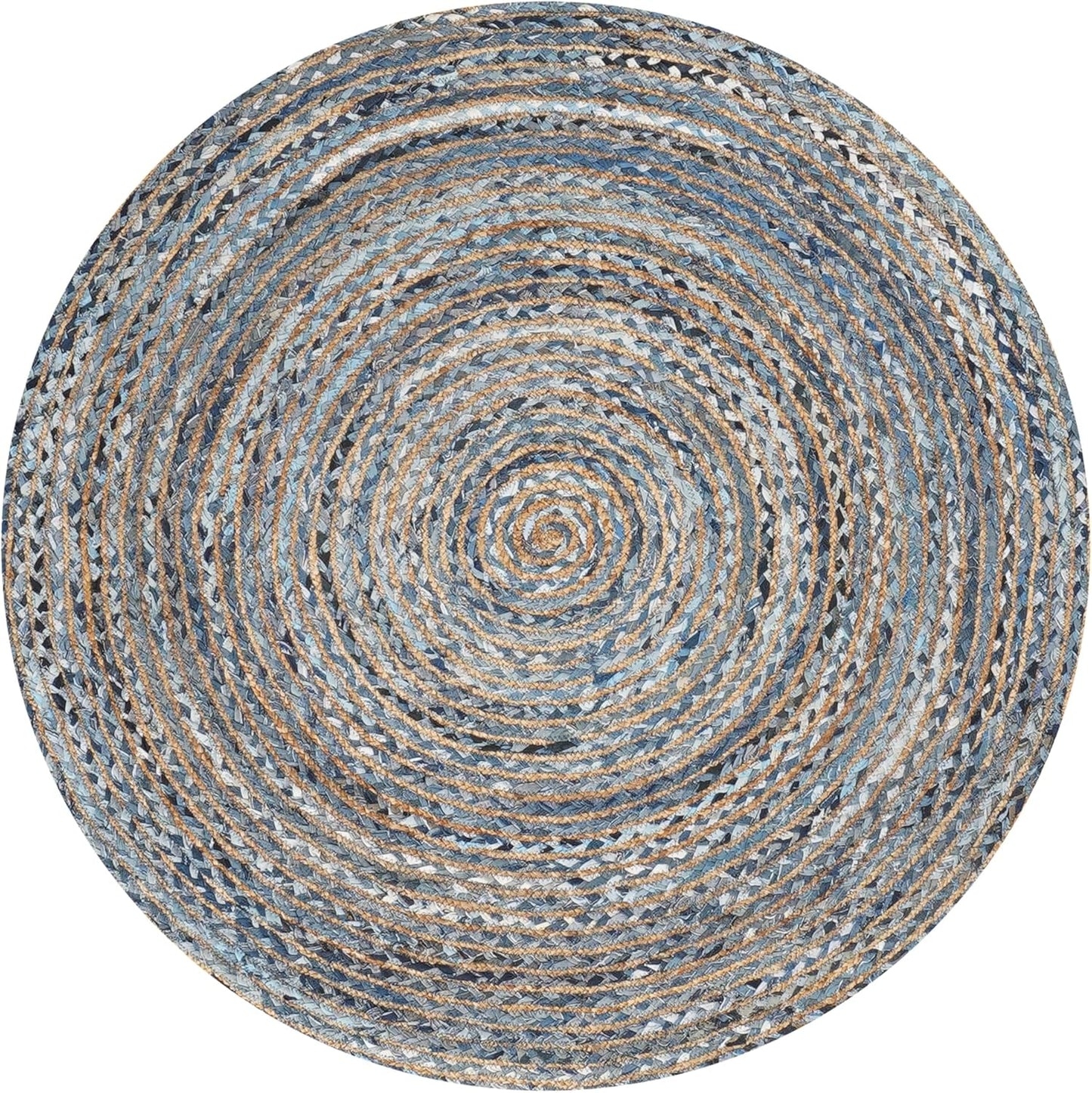 Round braided rug in blue and tan with a natural jute blend, adding texture to any room decor.