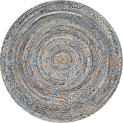 Round braided rug in blue and tan with a natural jute blend, adding texture to any room decor.