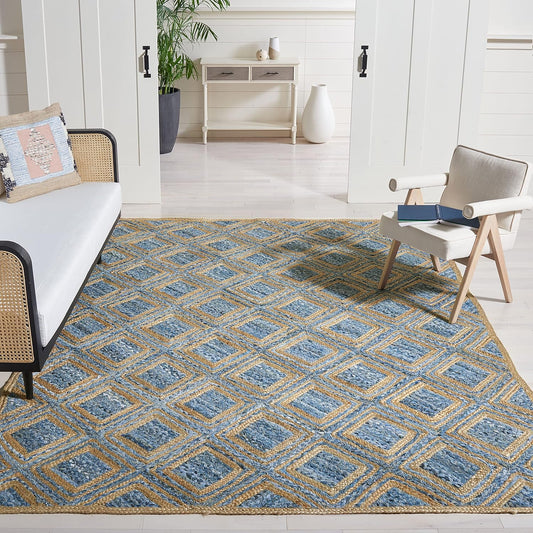 Geometric blue and gold area rug, made of durable woven material, perfect for modern living spaces.