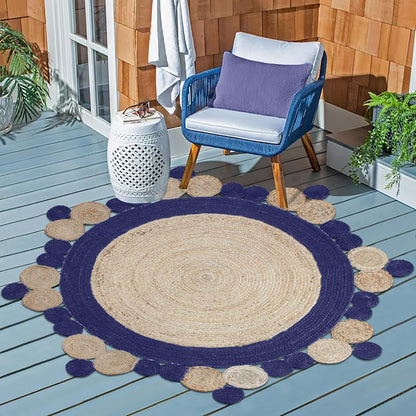 Natural Jute Area Rug with a textured round design and scalloped edges, perfect for outdoor and indoor settings.