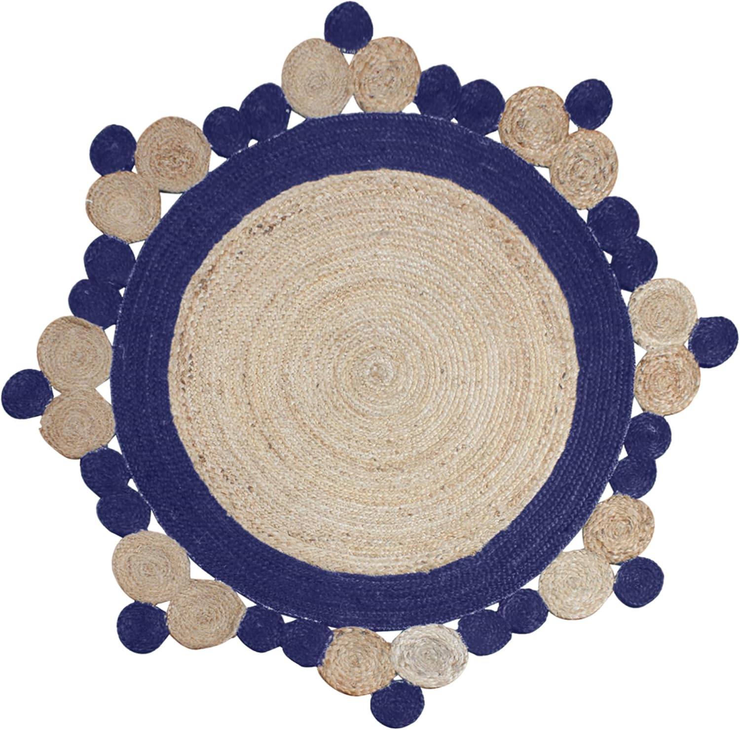 Natural Jute Area Rug with a scalloped design and contrasting navy blue accents — perfect for adding texture to any space.