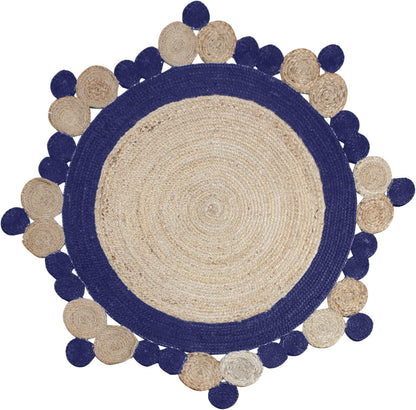 Natural Jute Area Rug with a scalloped design and contrasting navy blue accents — perfect for adding texture to any space.
