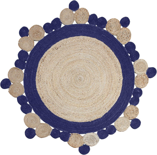 Natural Jute Area Rug with a scalloped design and contrasting navy blue accents — perfect for adding texture to any space.