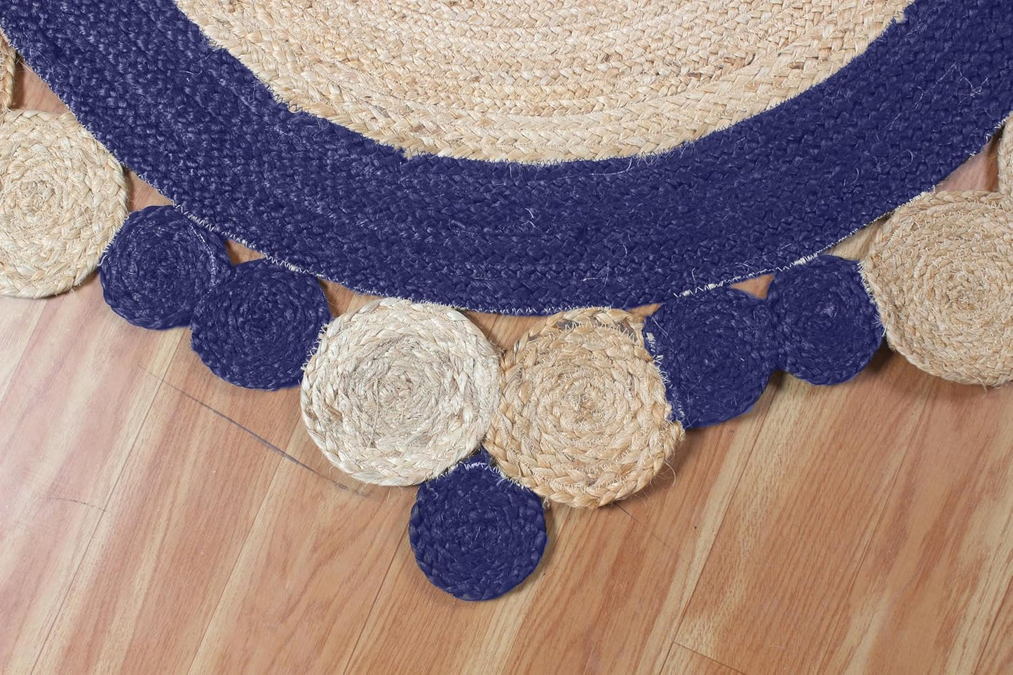 Natural Jute Area Rug featuring a textured design with alternating navy and beige circular accents — ideal for enhancing any space.