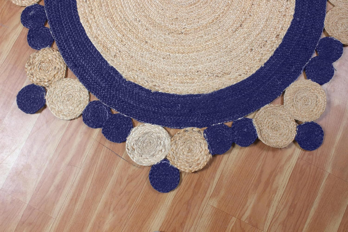 Natural Jute Area Rug featuring a round design with scalloped edges in natural and navy blue tones—ideal for any living space.