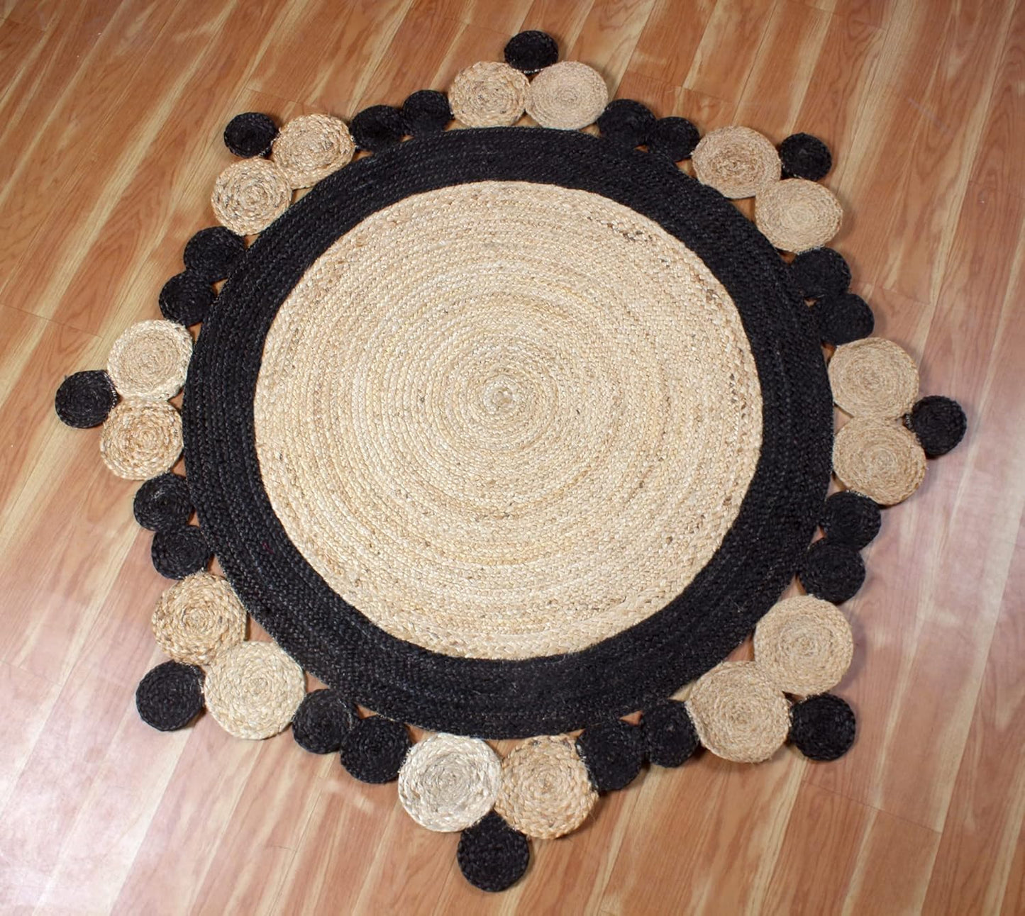 Natural Jute Area Rug featuring a round design with a textured black border and circular accents for a bohemian touch