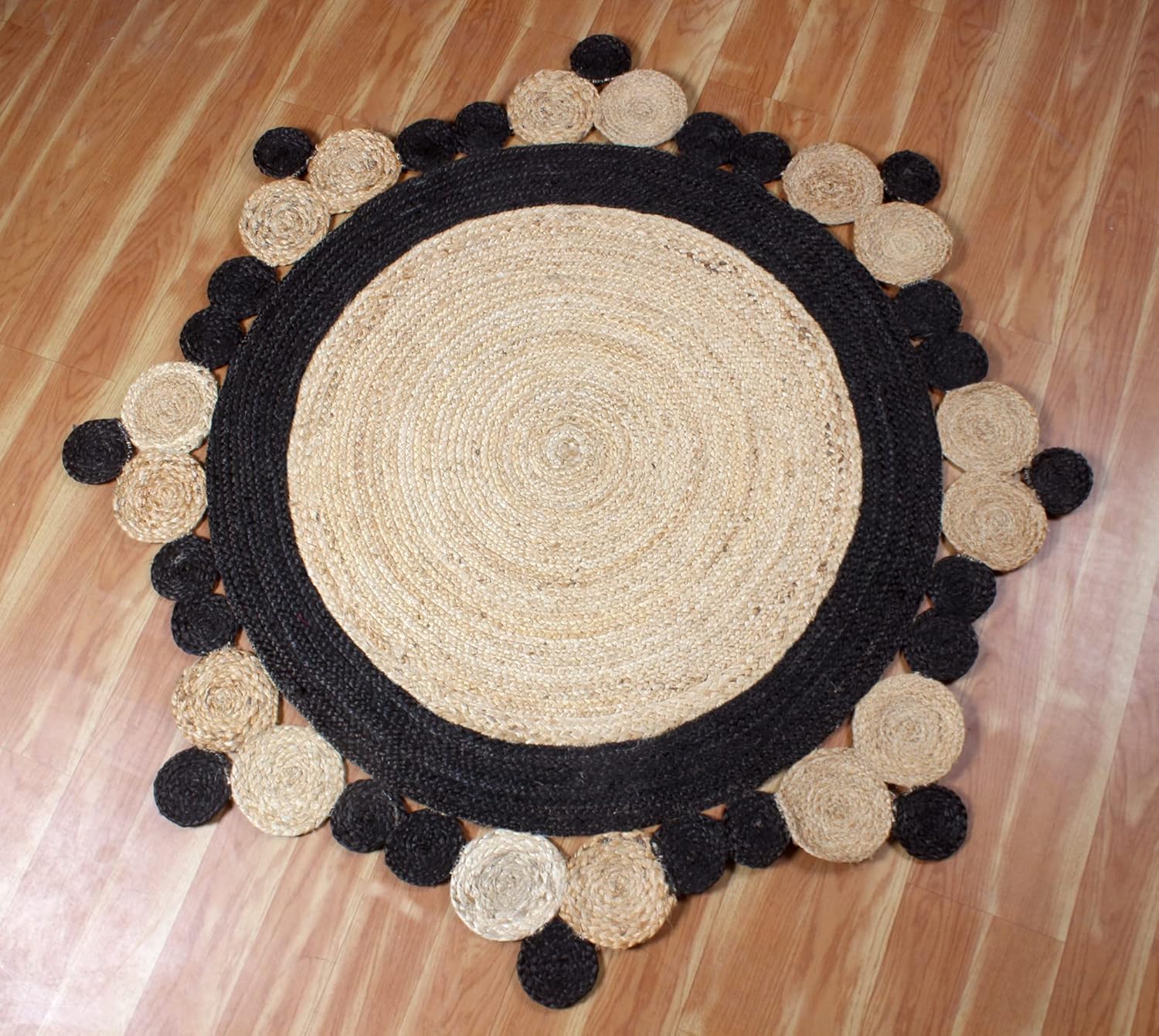 Natural Jute Area Rug featuring a round design with a textured black border and circular accents for a bohemian touch