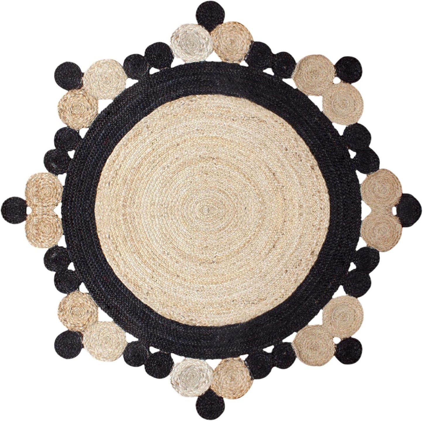 Natural Jute Area Rug featuring a round design with black scalloped edges — a stylish addition to any living space.