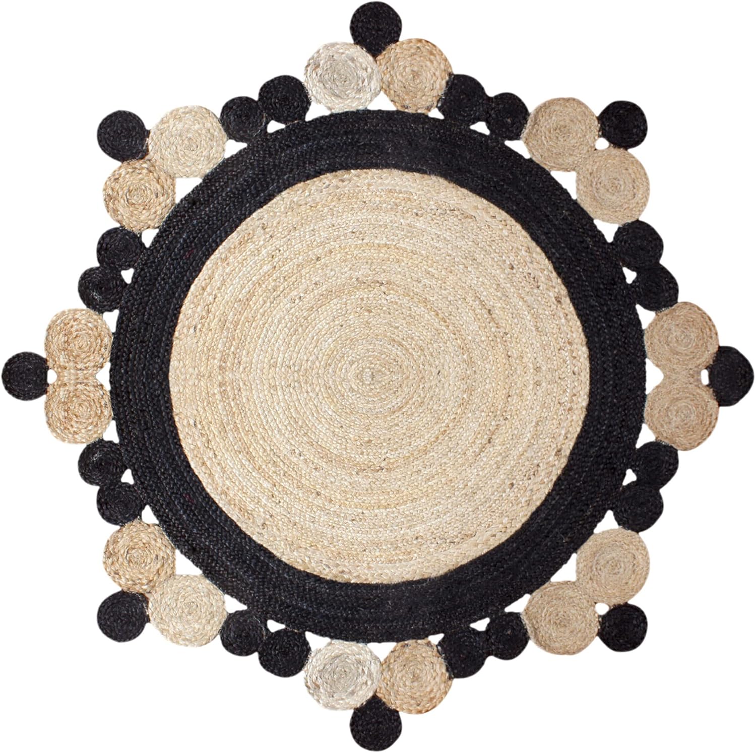 Natural Jute Area Rug featuring a round design with black scalloped edges — a stylish addition to any living space.