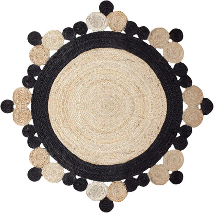 Natural Jute Area Rug featuring a round design with black scalloped edges — a stylish addition to any living space.