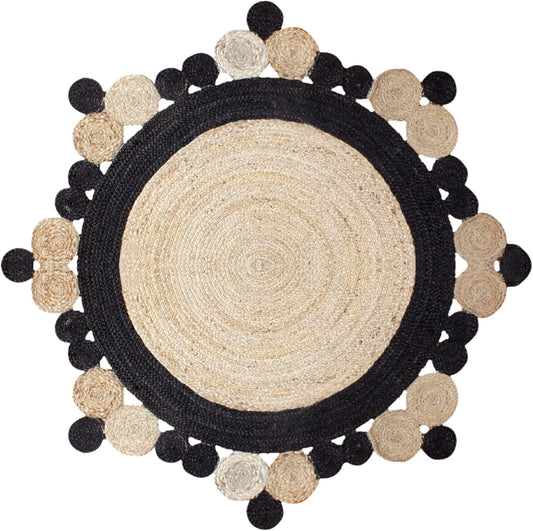 Natural Jute Area Rug featuring a round design with black scalloped edges — a stylish addition to any living space.
