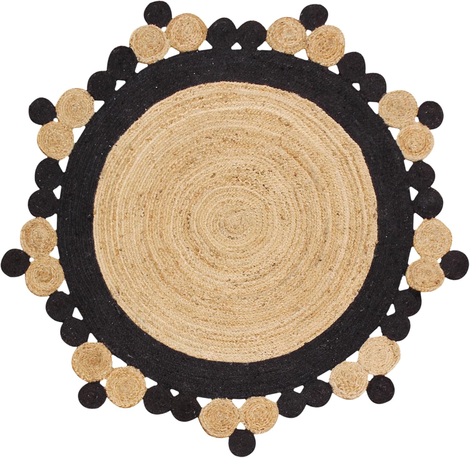 Round jute rug in natural and black colors, featuring decorative pom-pom edges for a bohemian touch.