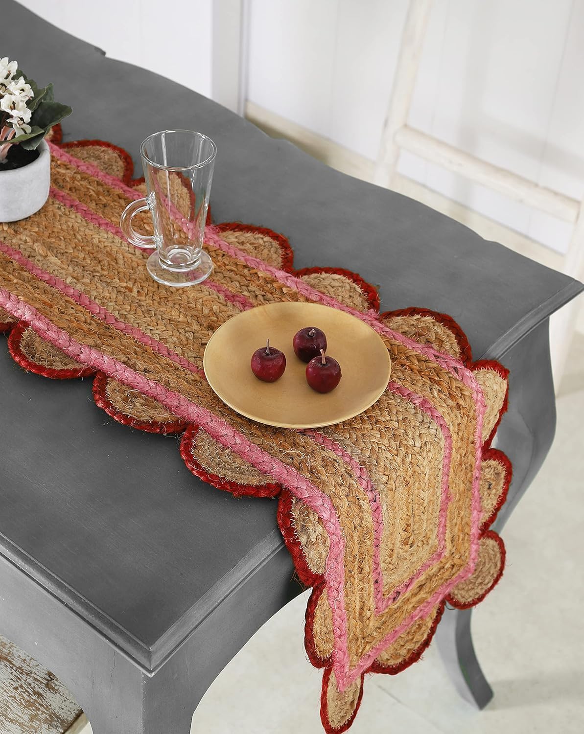 Indian Handmade Scalloped Natural Jute Pink and Red Border Dining Table Runner