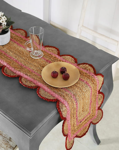 Indian Handmade Scalloped Natural Jute Pink and Red Border Dining Table Runner