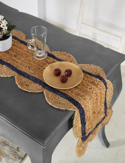 Indian Handmade Scalloped Natural Jute With Blue Border Dining Table Runner