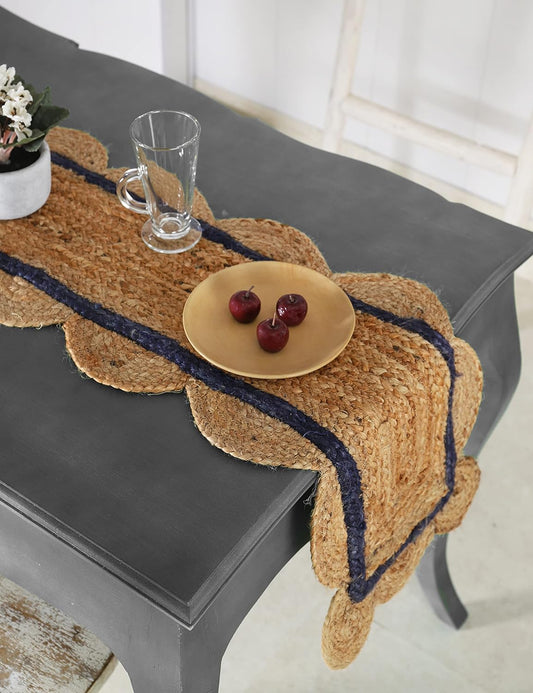 Indian Handmade Scalloped Natural Jute With Blue Border Dining Table Runner