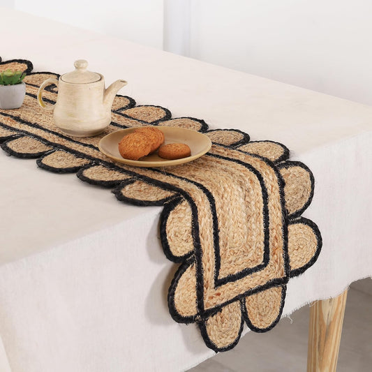 Handmade Eco Friendly Natural Jute Scalloped Black Border Dining Table Runner
