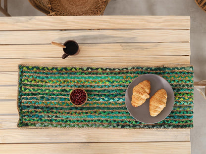 Indian Handmade Green Stripe Jute  Dining Table Runner