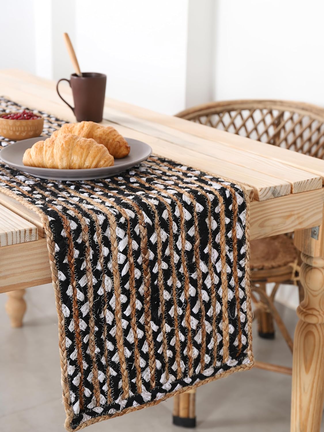 Indian Handmade Natural Jute With Black and White Cotton Dining Table Runner