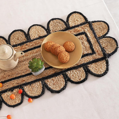 Handmade Eco Friendly Natural Jute Scalloped Black Border Dining Table Runner