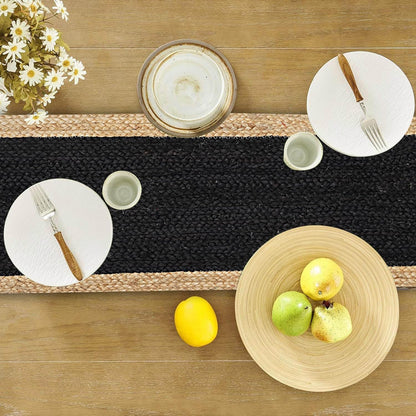 Indian Handmade Natural Jute Inner Black and Natural Border Dining Table Runner