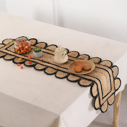 Handmade Eco Friendly Natural Jute Scalloped Black Border Dining Table Runner
