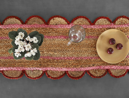 Indian Handmade Scalloped Natural Jute Pink and Red Border Dining Table Runner