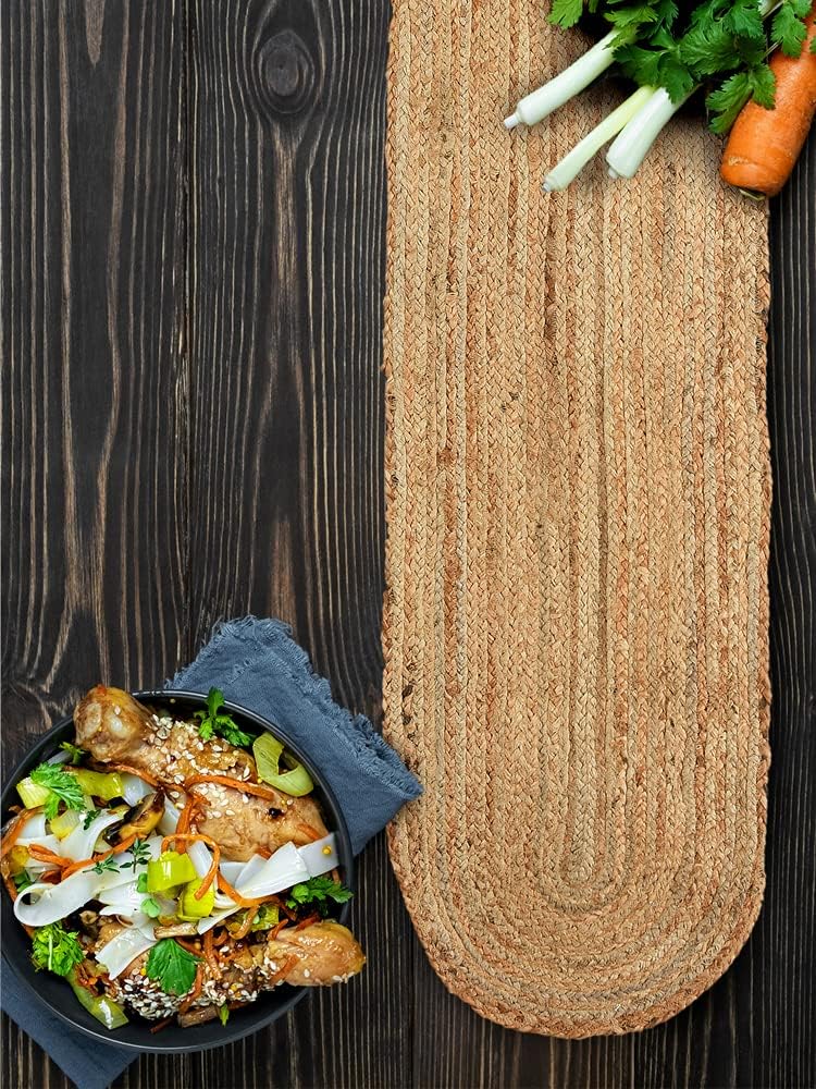 Jute mat on a wooden surface with a bowl of food and vegetables.