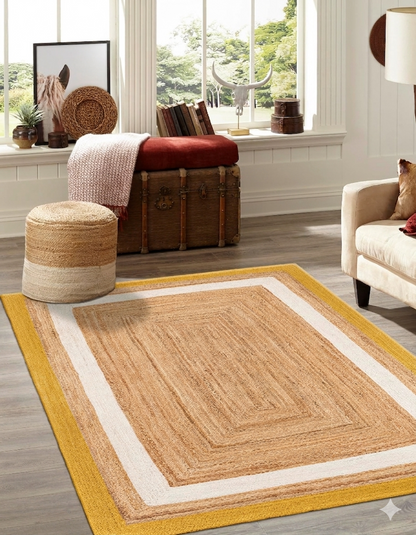 Natural Jute Area Rug with mustard yellow border and cream stripes on a living room floor