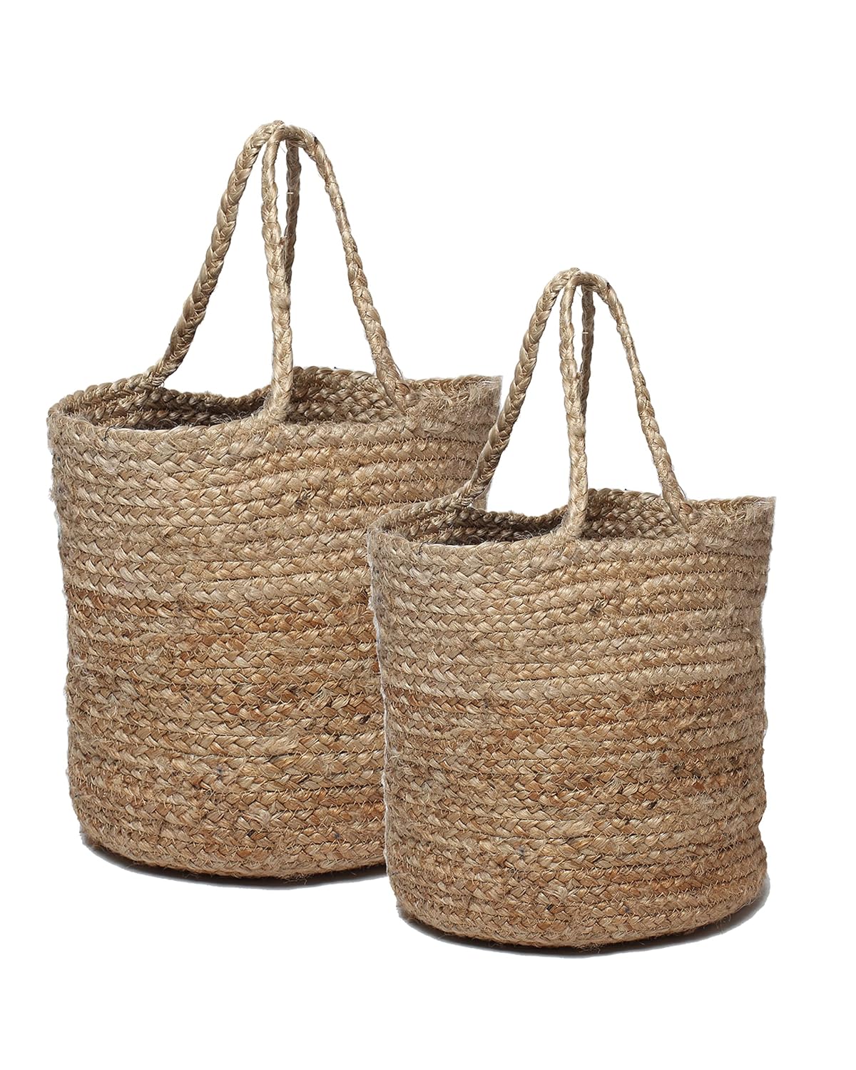 Eco-friendly handmade jute basket with durable carry handles for stylish storage, nursery organization, and farmhouse home decor.