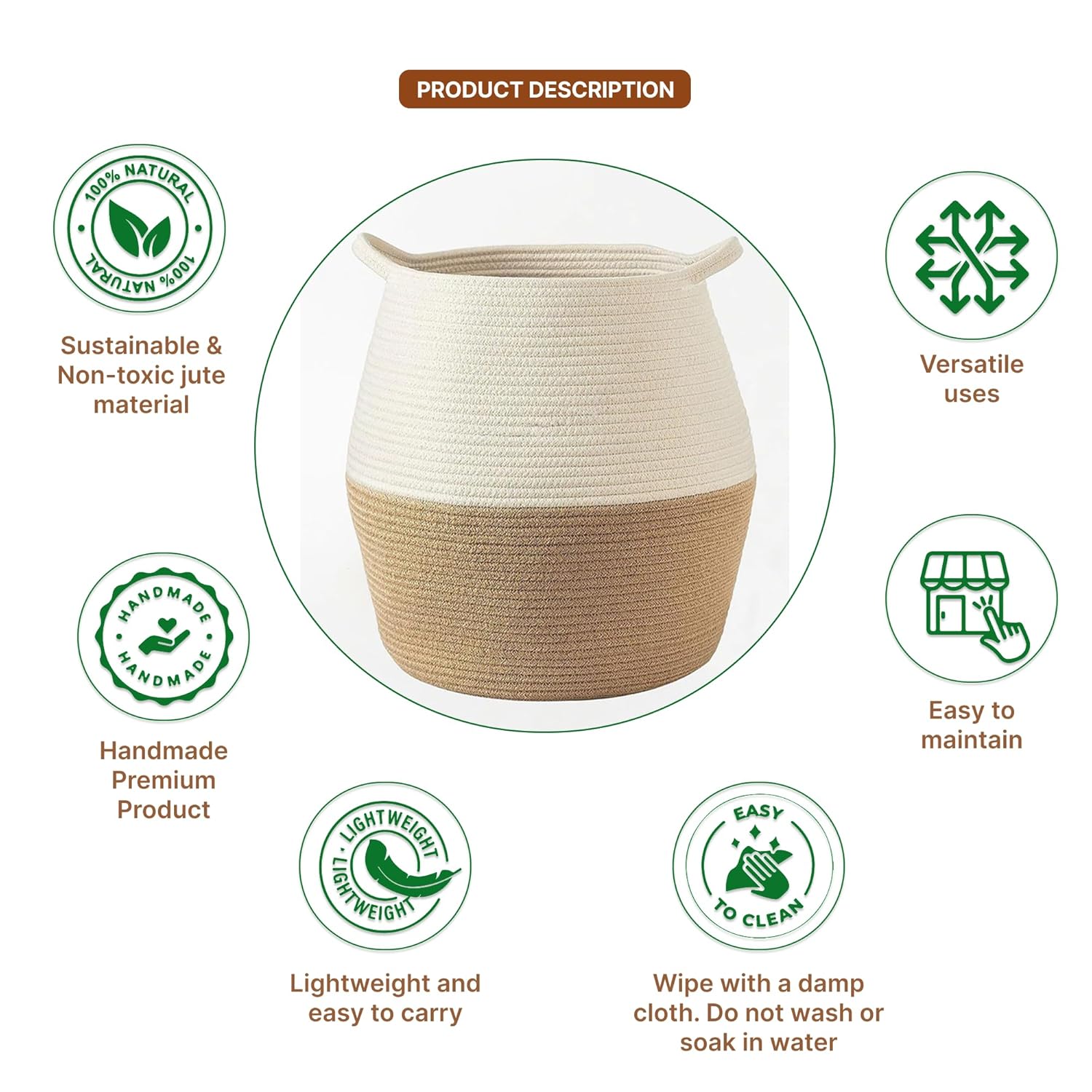 Eco-friendly jute storage basket with soft cotton rope design, stylish organizer for bedroom, living room, nursery, and laundry space.