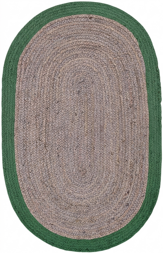 Oval braided rug with green border on a white background
