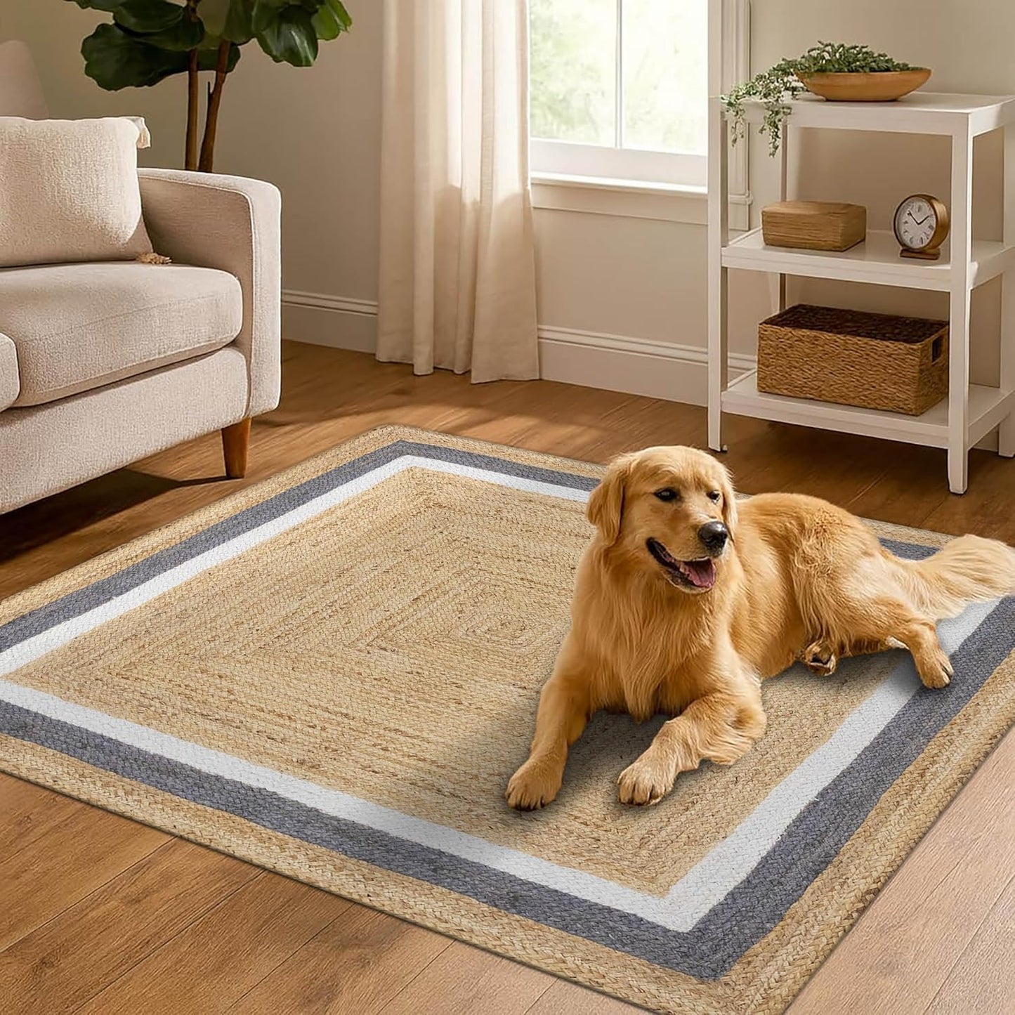 Natural Jute Area Rug with a striped design, enhancing the cozy living room space for pets and family.