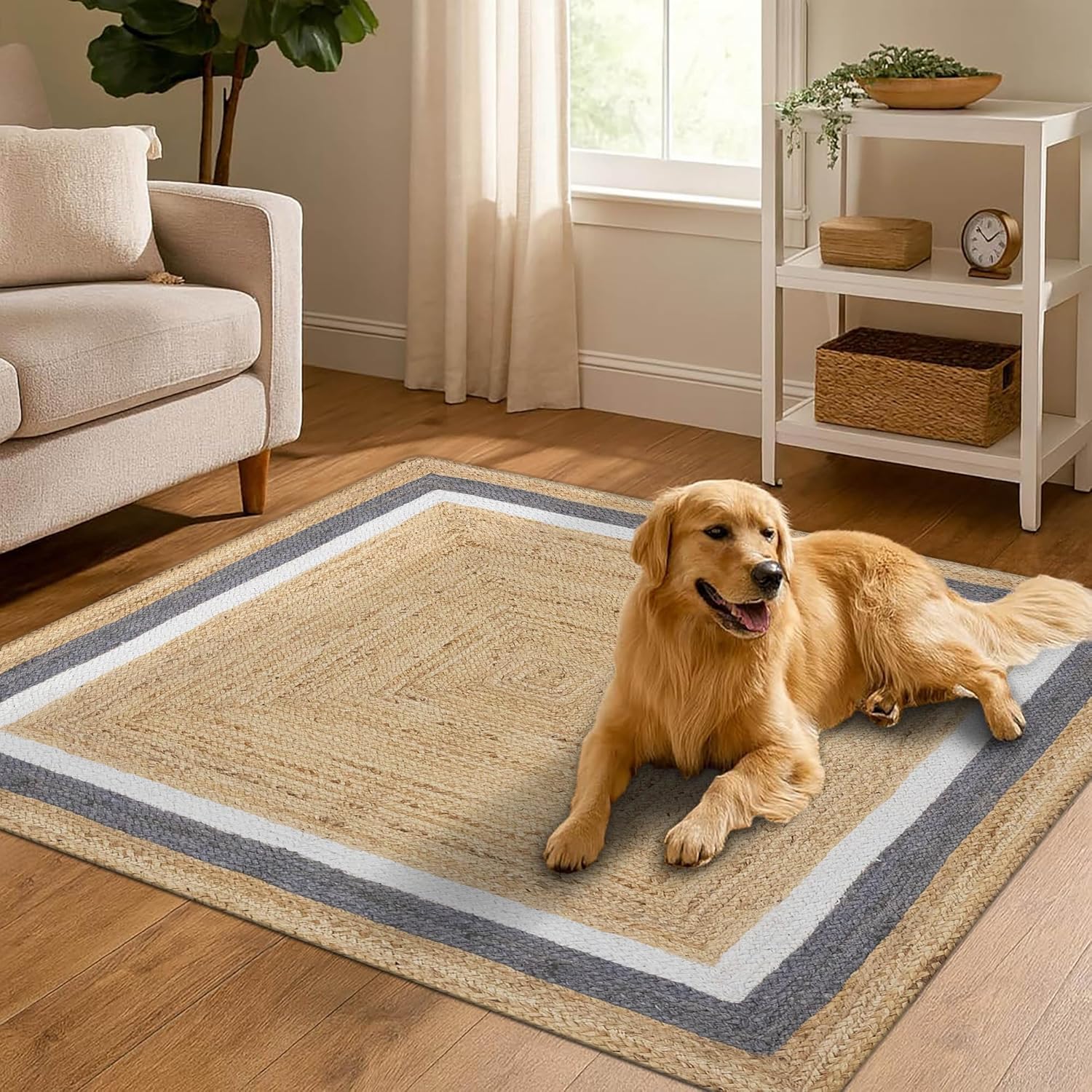 Natural Jute Area Rug with a striped design, enhancing the cozy living room space for pets and family.
